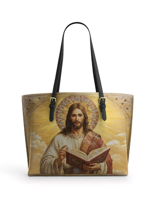Divina Jesus the Savior Eternal Light Leather Tote Bag