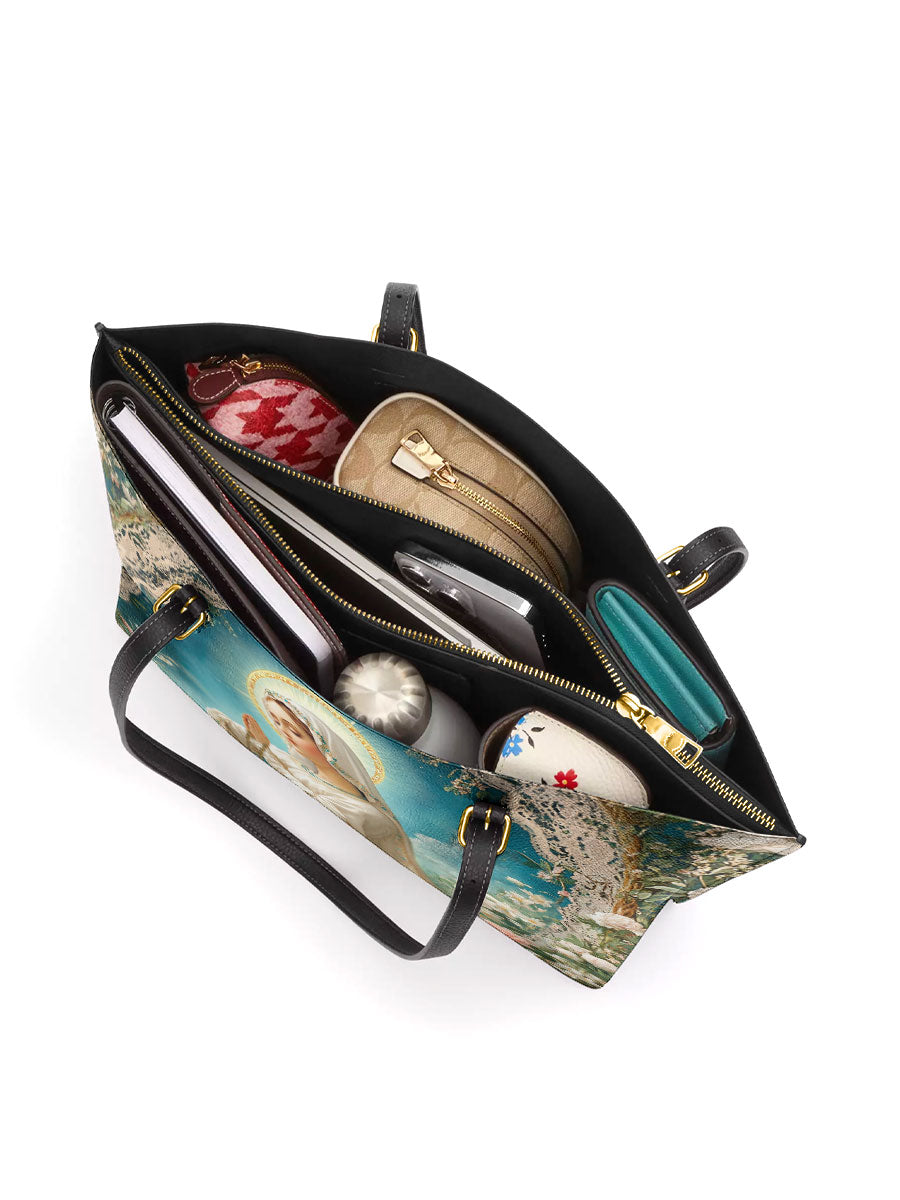 Divina Lady Of Lourdes Leather Tote Bag