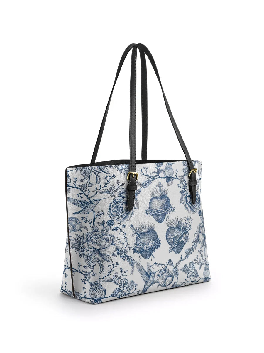 Divina Sacred Elegance: Blue and White Devotion Leather Tote Bag