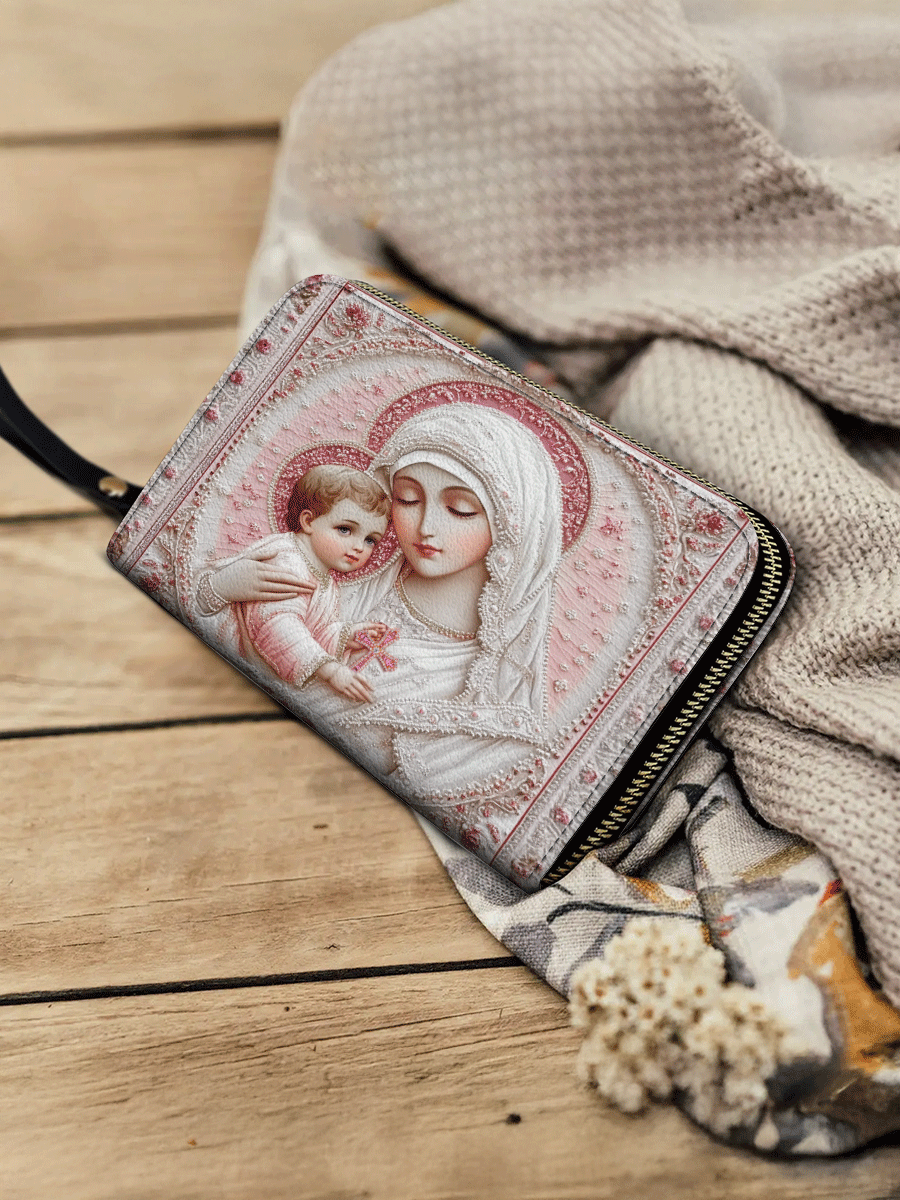Divina Sacred Serenity: The Madonna’s Tender Embrace - Leather Wallet Purse