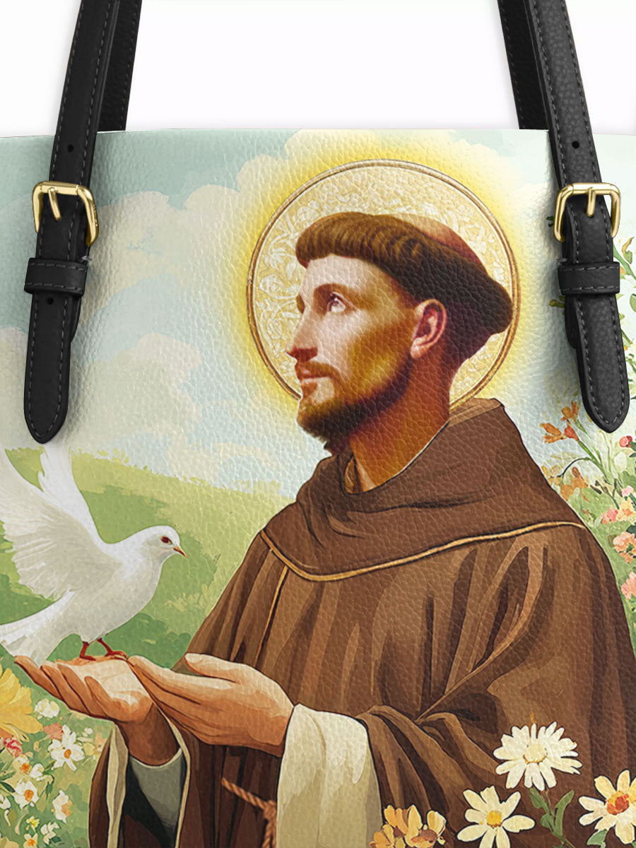 Divina Harmony of Saint Francis Leather Tote Bag