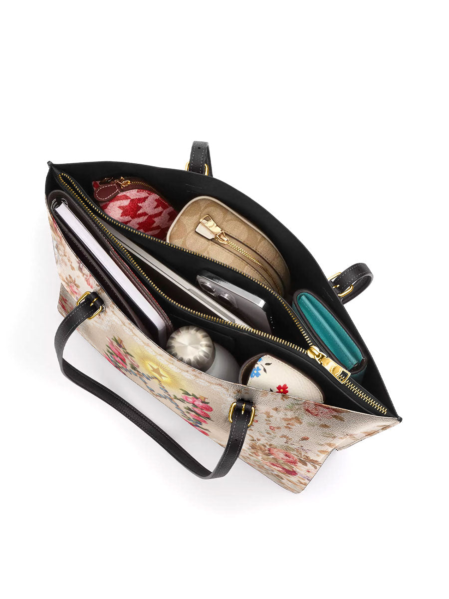 Divina Roses of the Rosary Leather Tote Bag