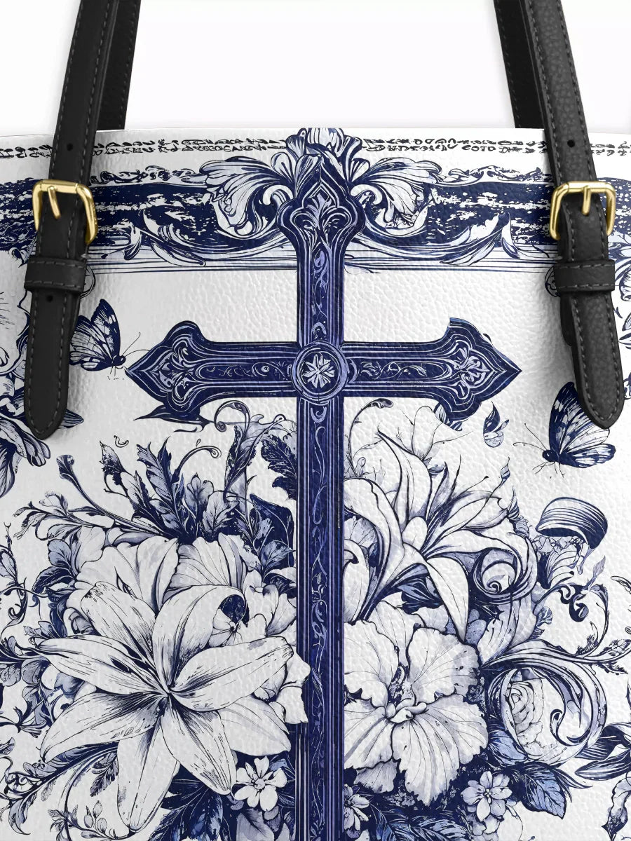 Divina The Cross Amidst Blooming Faith Leather Tote Bag