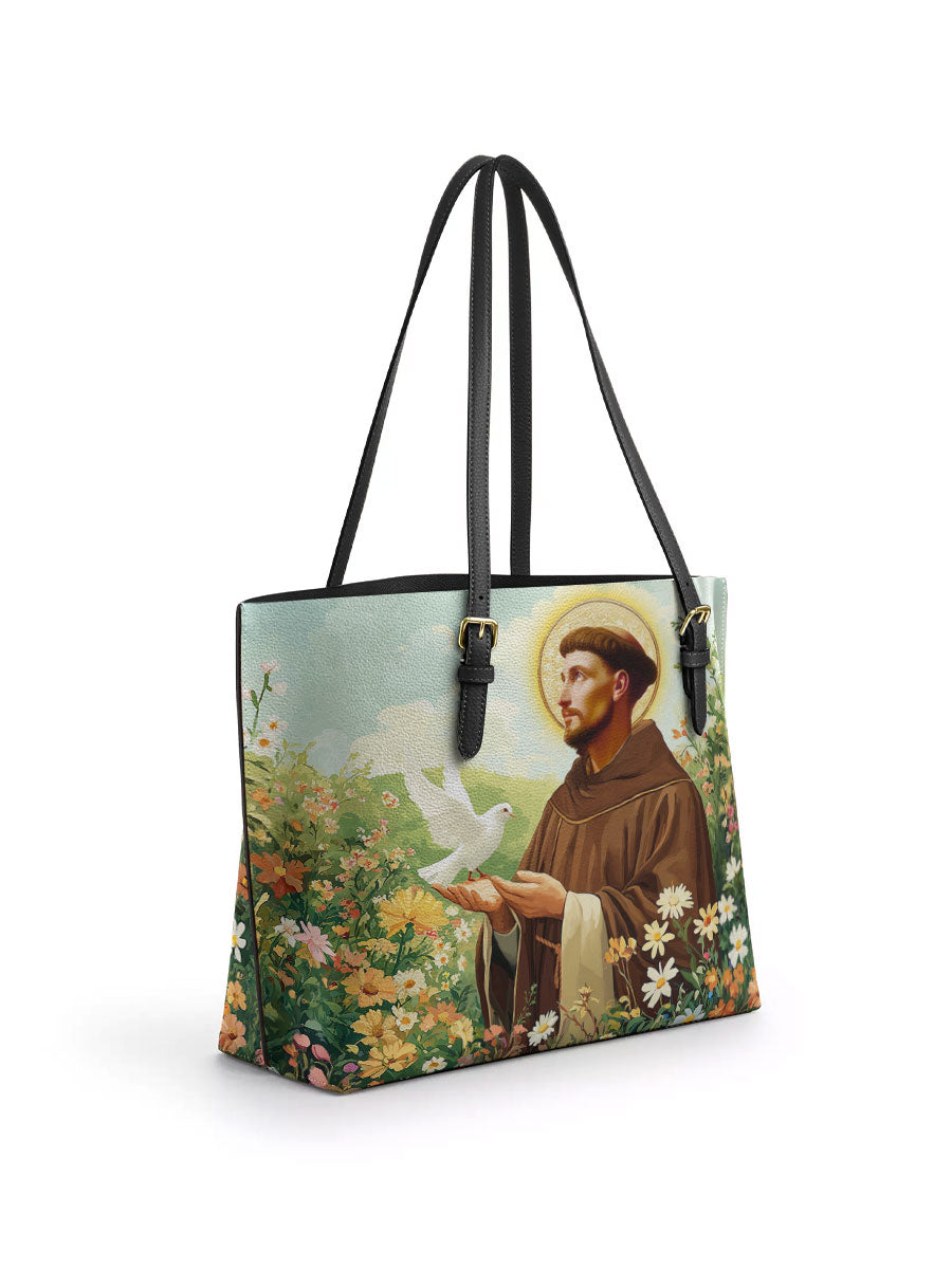 Divina Harmony of Saint Francis Leather Tote Bag