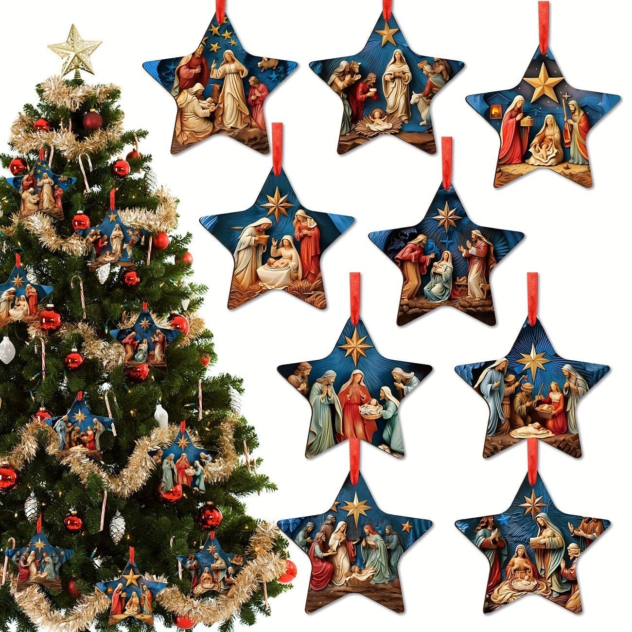 Handmade Wooden Jesus Star Christmas Ornaments Set