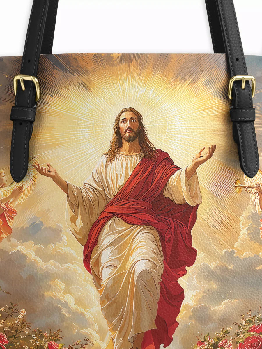 Divina Glorious Ascension Christ Rising in Majesty Leather Tote Bag