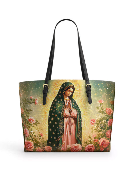 Divina Roses of Guadalupe Leather Tote Bag
