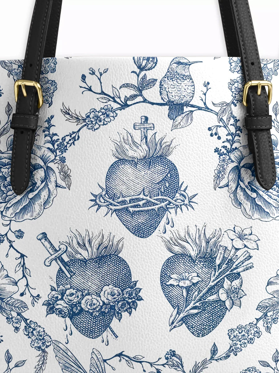 Divina Sacred Elegance: Blue and White Devotion Leather Tote Bag