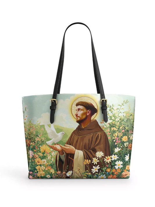 Divina Harmony of Saint Francis Leather Tote Bag