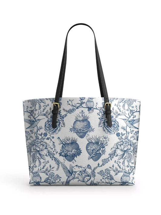 Divina Sacred Elegance: Blue and White Devotion Leather Tote Bag