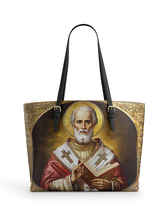 Divina Saint Nicholas The Patron of Generosity Leather Tote Bag