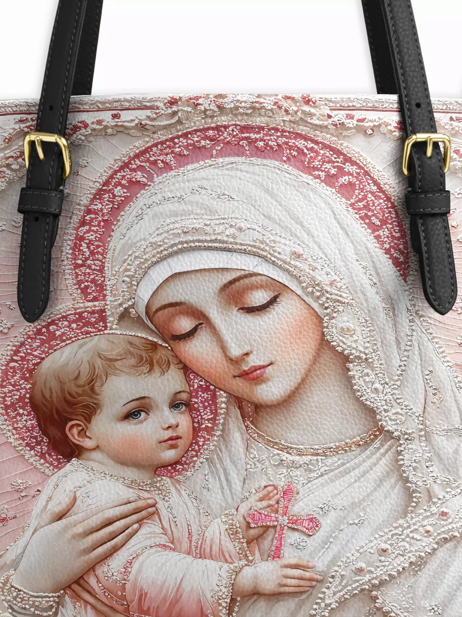 Divina  Sacred Serenity: The Madonna’s Tender Embrace Leather Tote Bag