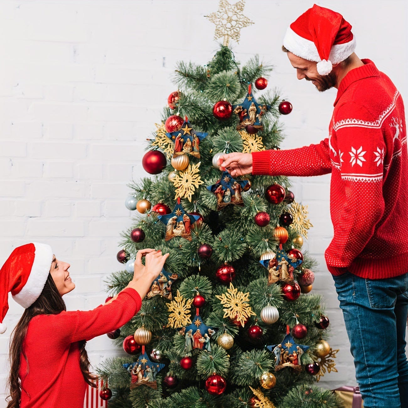 Handmade Wooden Jesus Star Christmas Ornaments Set