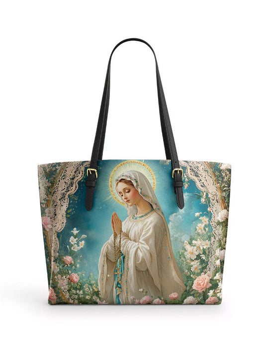 Divina Lady Of Lourdes Leather Tote Bag