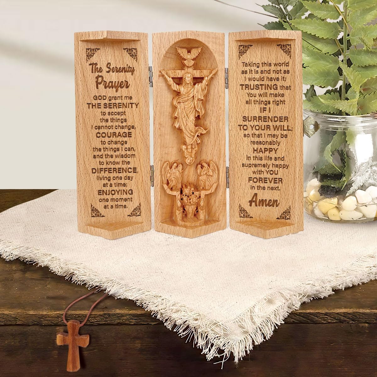 The Serenity Prayer - Openable Wooden Cylinder Sculpture of Jesus Christ
