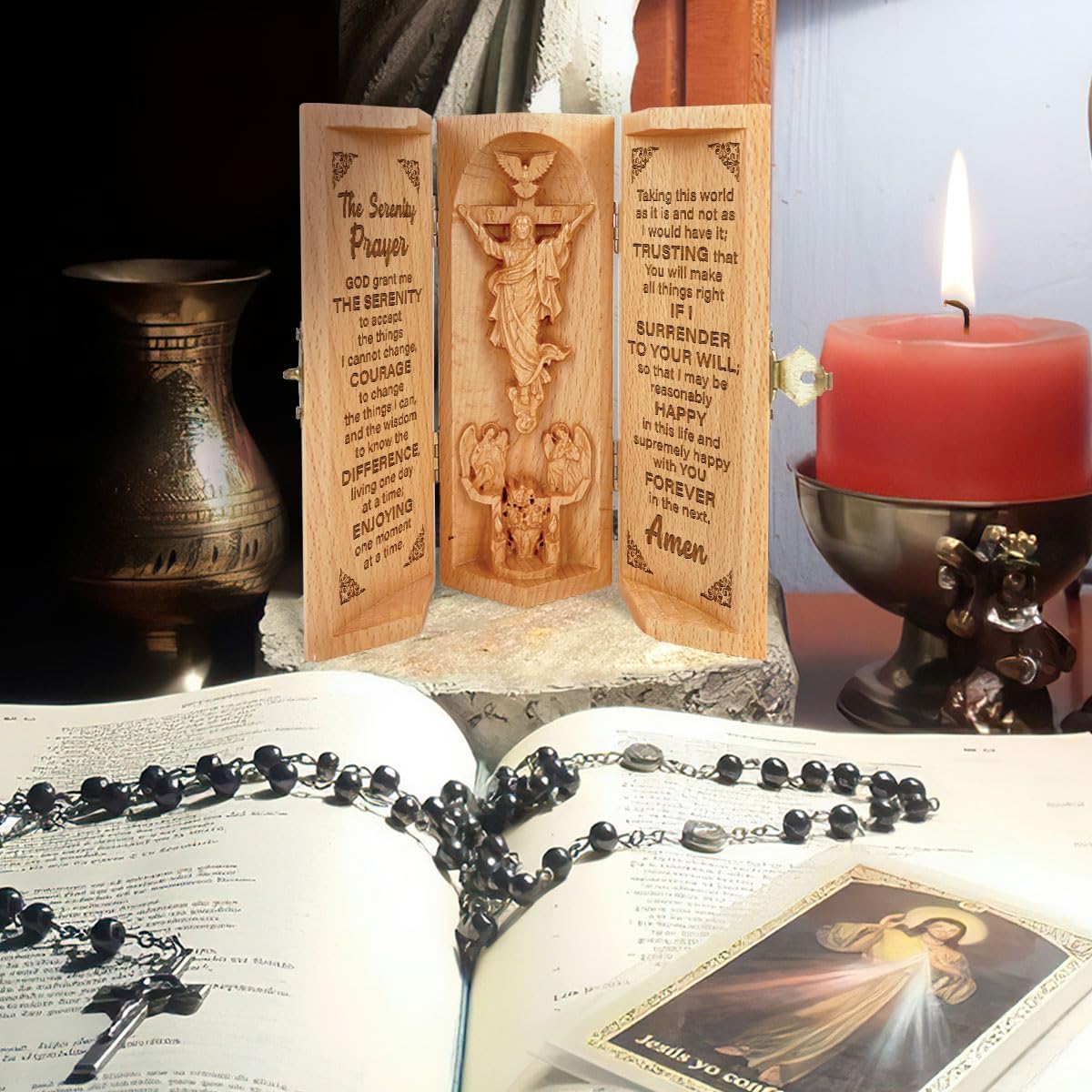 The Serenity Prayer - Openable Wooden Cylinder Sculpture of Jesus Christ