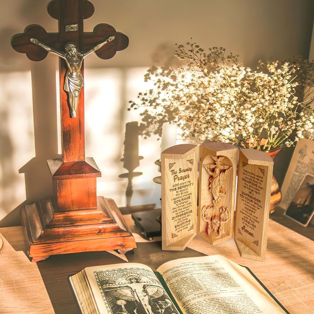 The Serenity Prayer - Openable Wooden Cylinder Sculpture of Jesus Christ