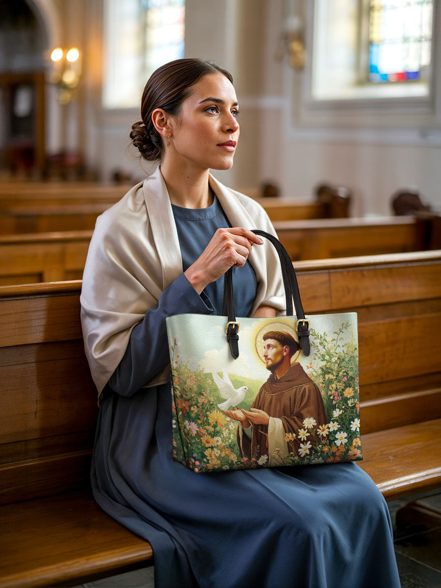 Divina Harmony of Saint Francis Leather Tote Bag