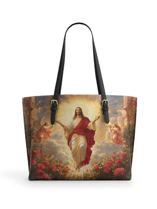 Divina Glorious Ascension Christ Rising in Majesty Leather Tote Bag