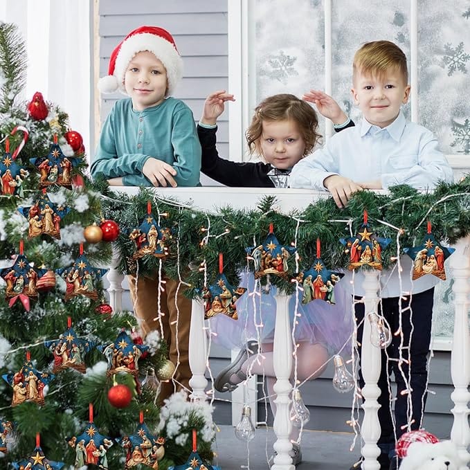 Handmade Wooden Jesus Star Christmas Ornaments Set