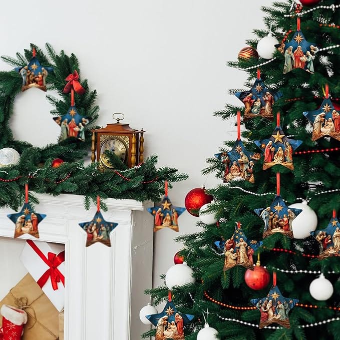 Handmade Wooden Jesus Star Christmas Ornaments Set