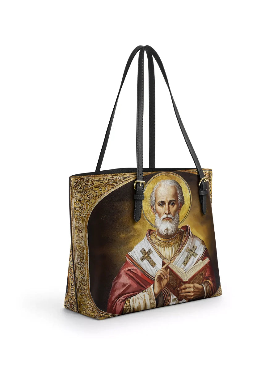Divina Saint Nicholas The Patron of Generosity Leather Tote Bag