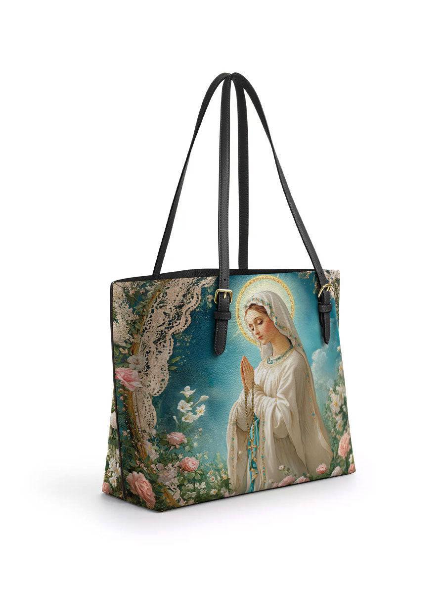 Divina Lady Of Lourdes Leather Tote Bag