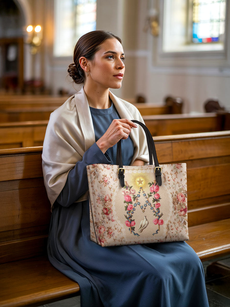 Divina Roses of the Rosary Leather Tote Bag