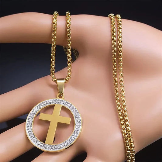 The Cross Necklace in Stainless Steel & Rhinestone by Divina