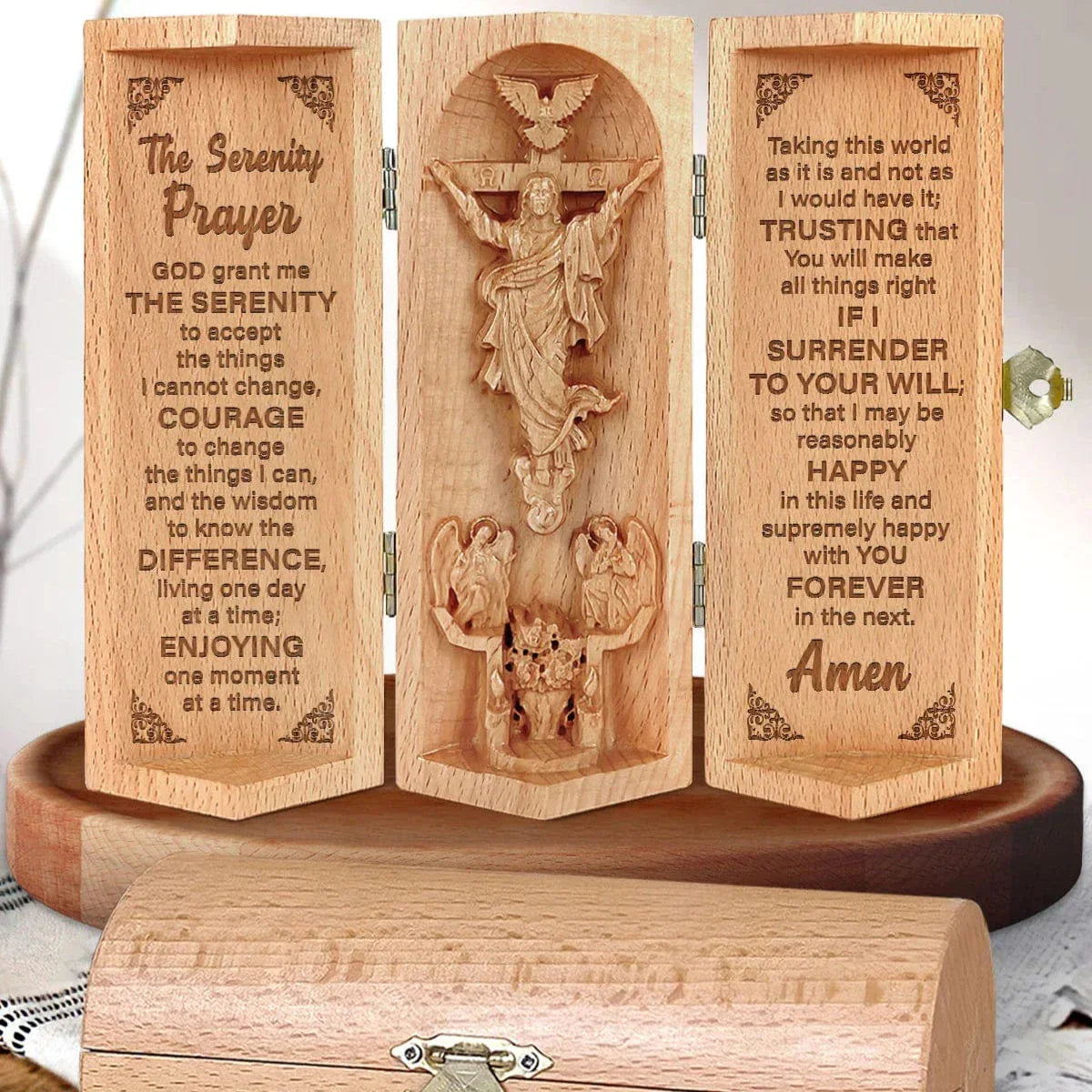 The Serenity Prayer - Openable Wooden Cylinder Sculpture of Jesus Christ