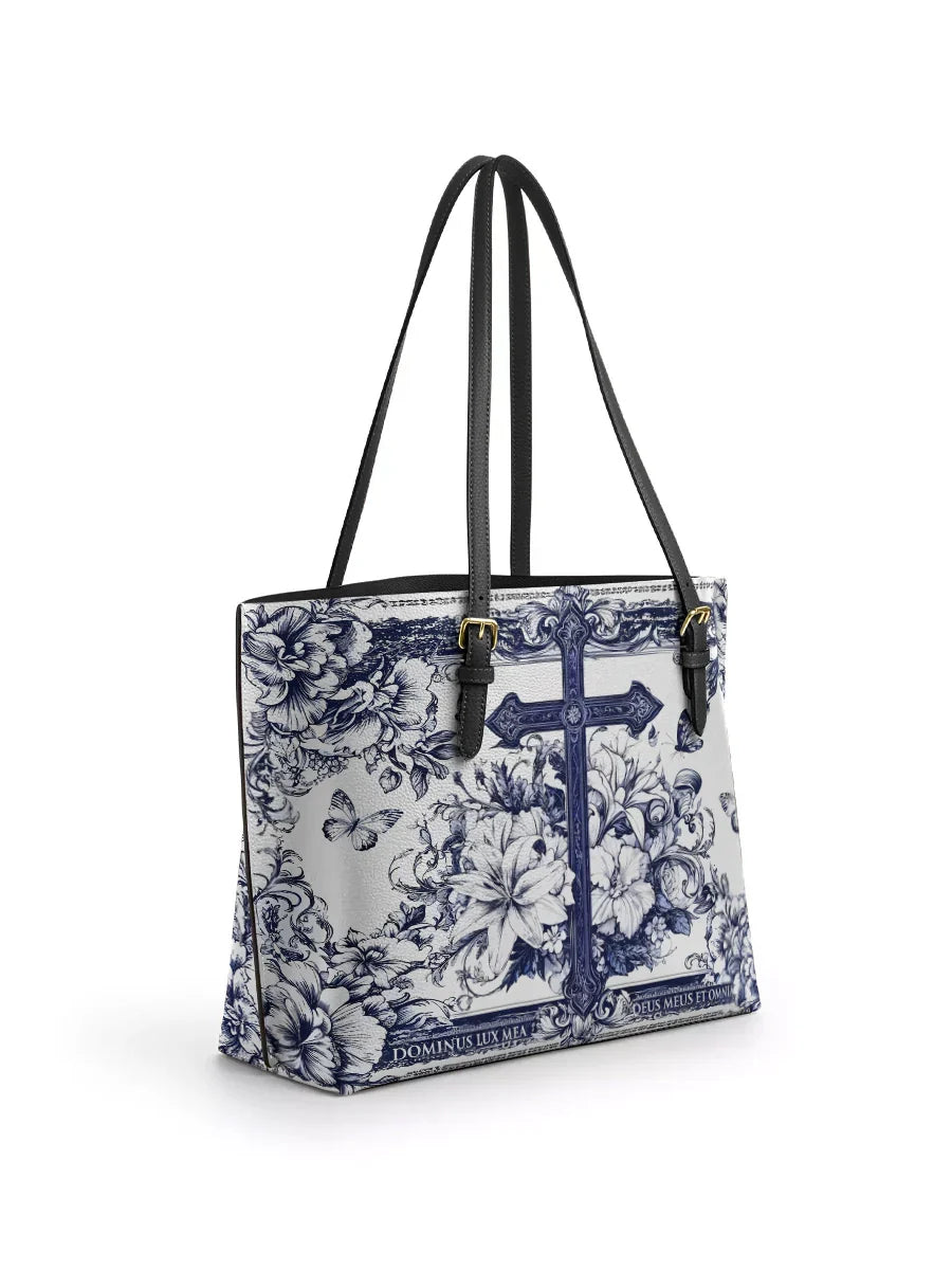 Divina The Cross Amidst Blooming Faith Leather Tote Bag