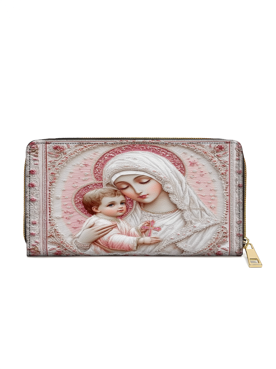 Divina Sacred Serenity: The Madonna’s Tender Embrace - Leather Wallet Purse