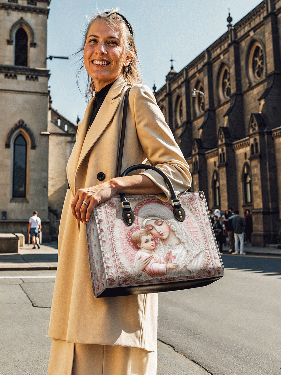 Divina Sacred Serenity: The Madonna’s Tender Embrace Leather Bag