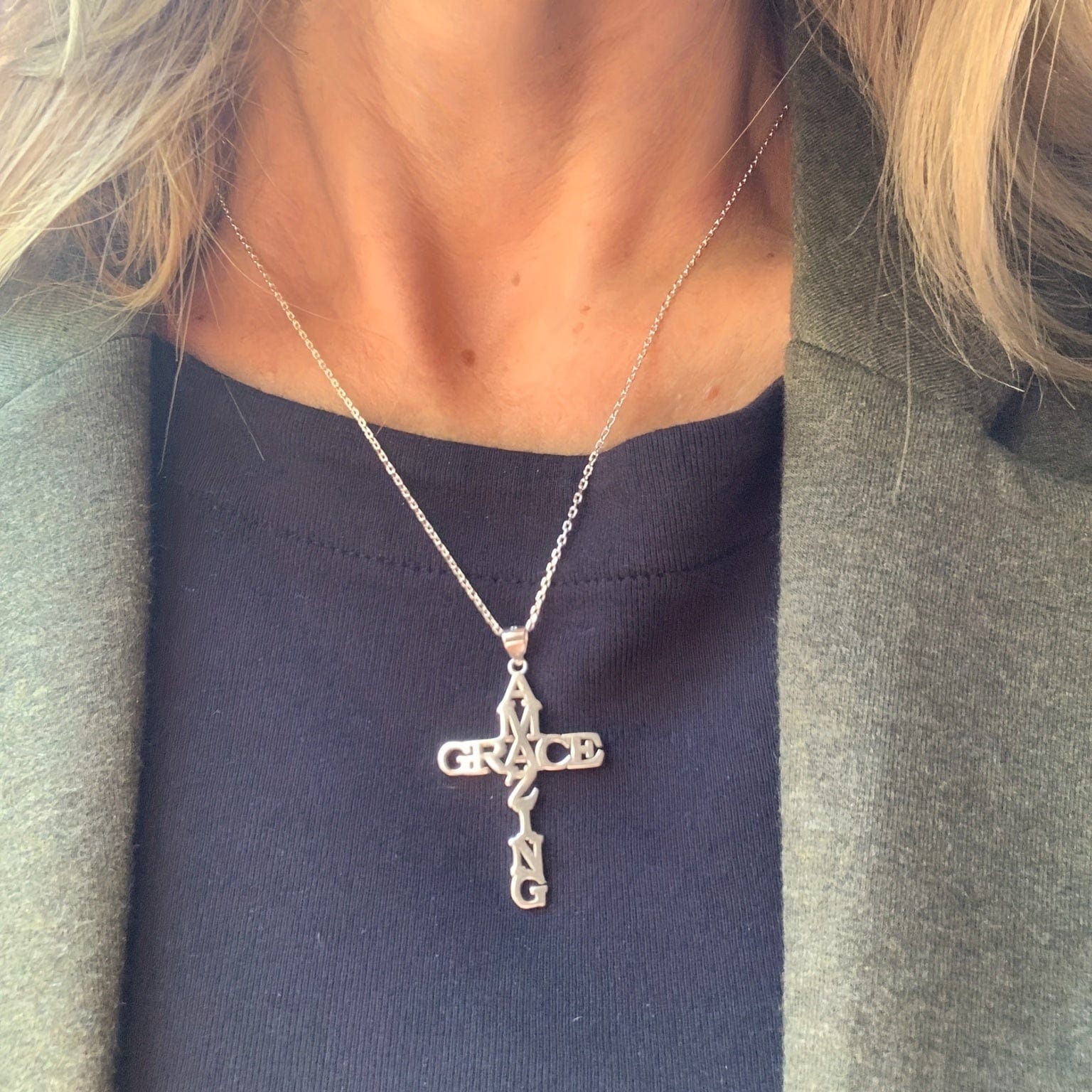 "Amazing Grace" Cross Necklace in Stainless Steel