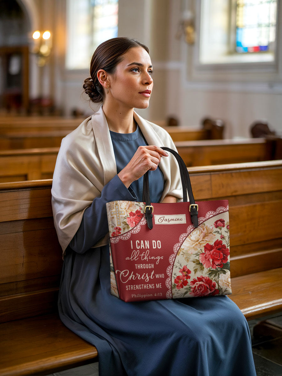 Divina  Blooming With Faith Personalized Leather Tote Bag