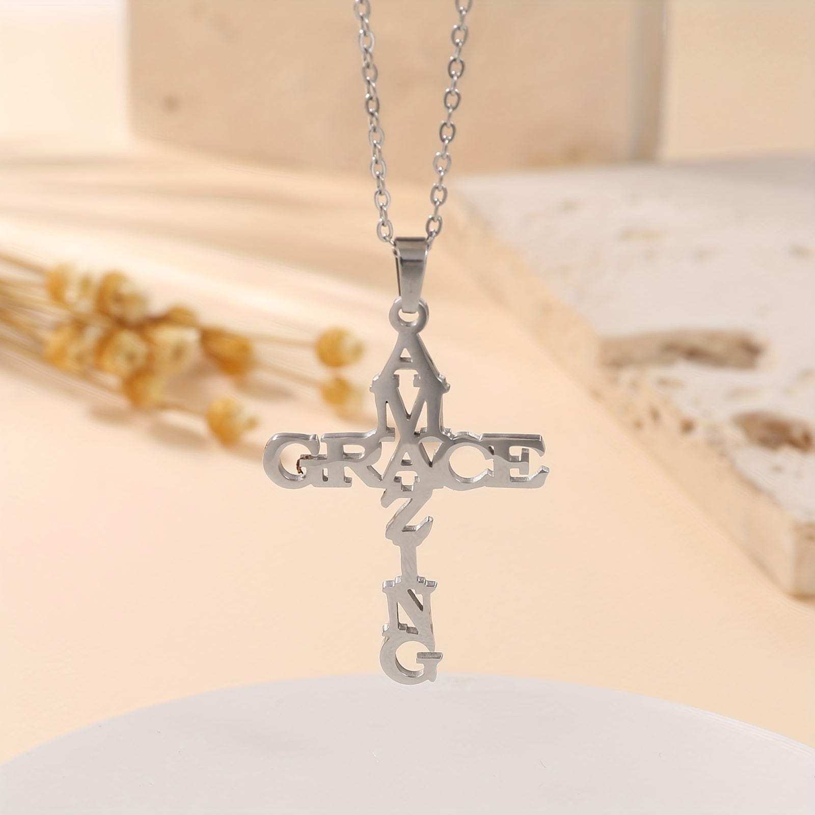 "Amazing Grace" Cross Necklace in Stainless Steel