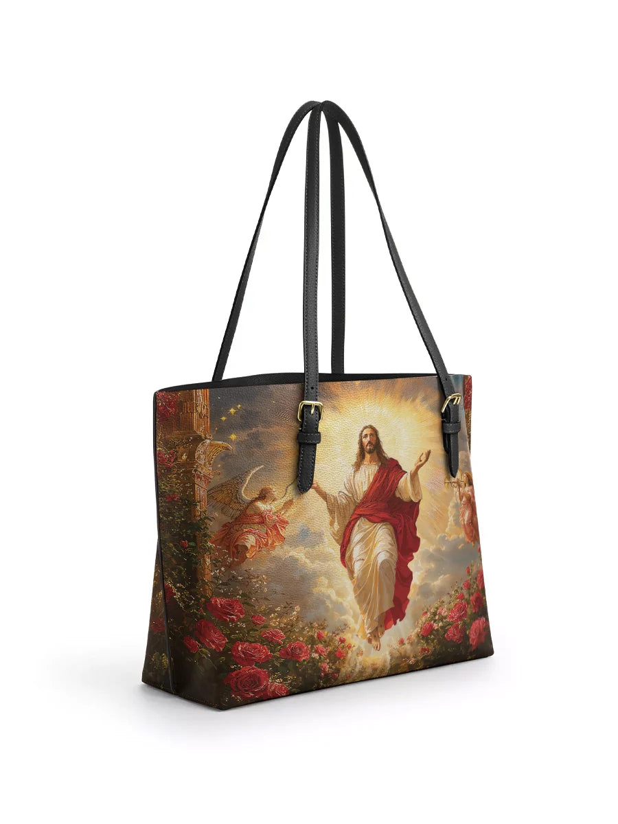 Divina Glorious Ascension Christ Rising in Majesty Leather Tote Bag