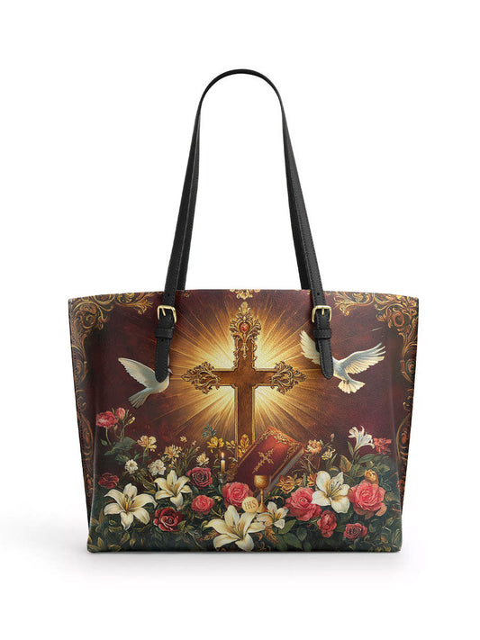 Divina Radiance of the Cross Leather Tote Bag
