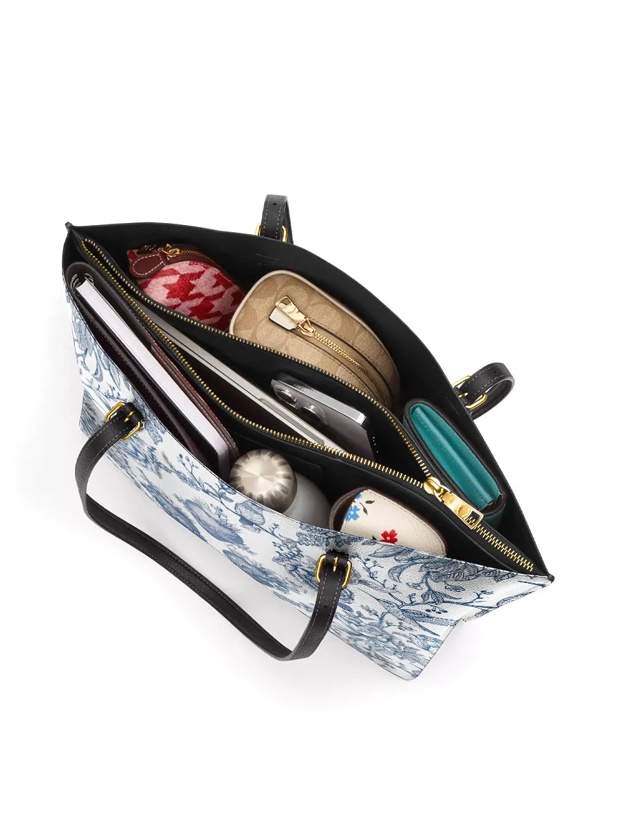 Divina Sacred Elegance: Blue and White Devotion Leather Tote Bag