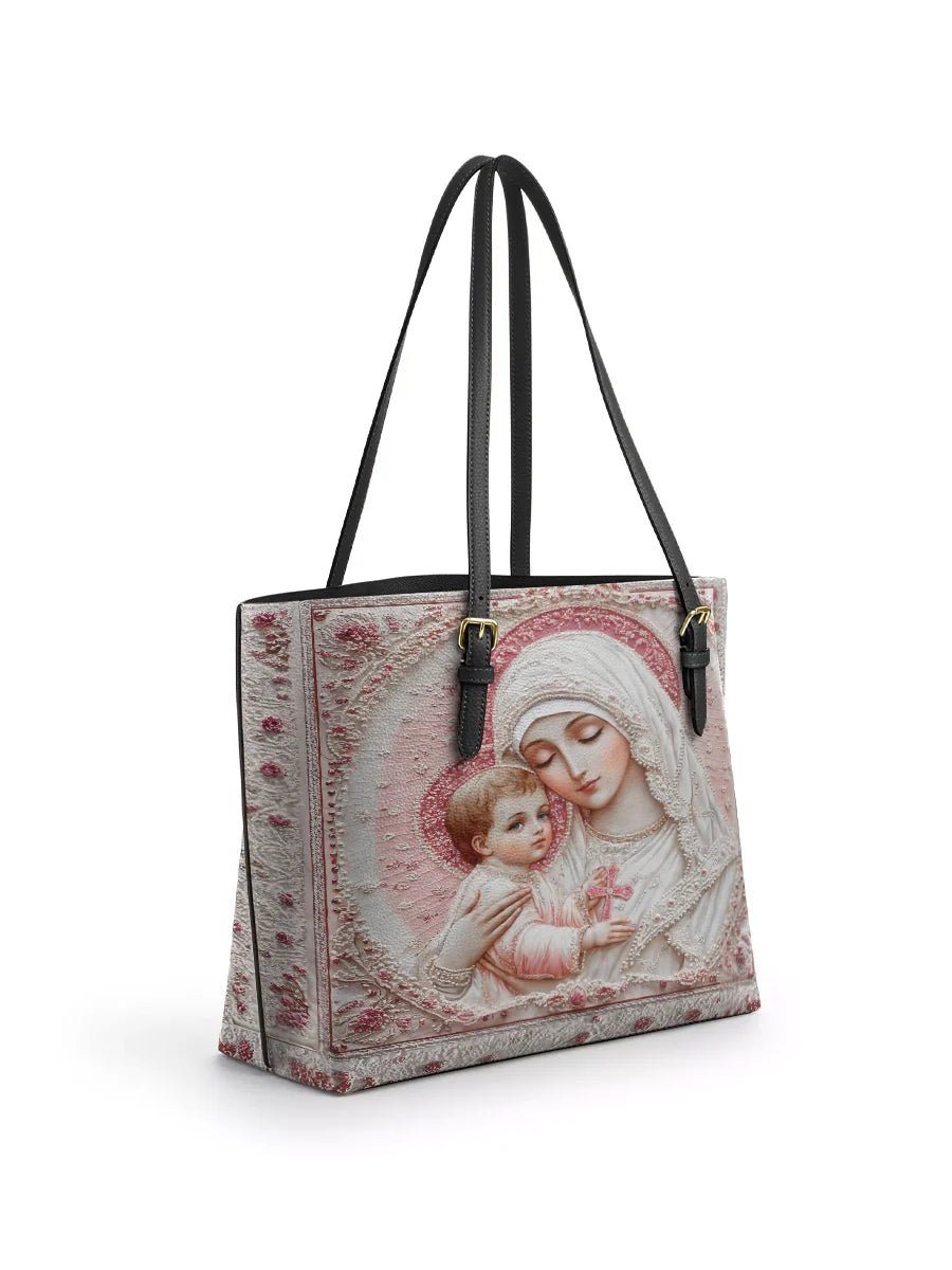 Divina  Sacred Serenity: The Madonna’s Tender Embrace Leather Tote Bag