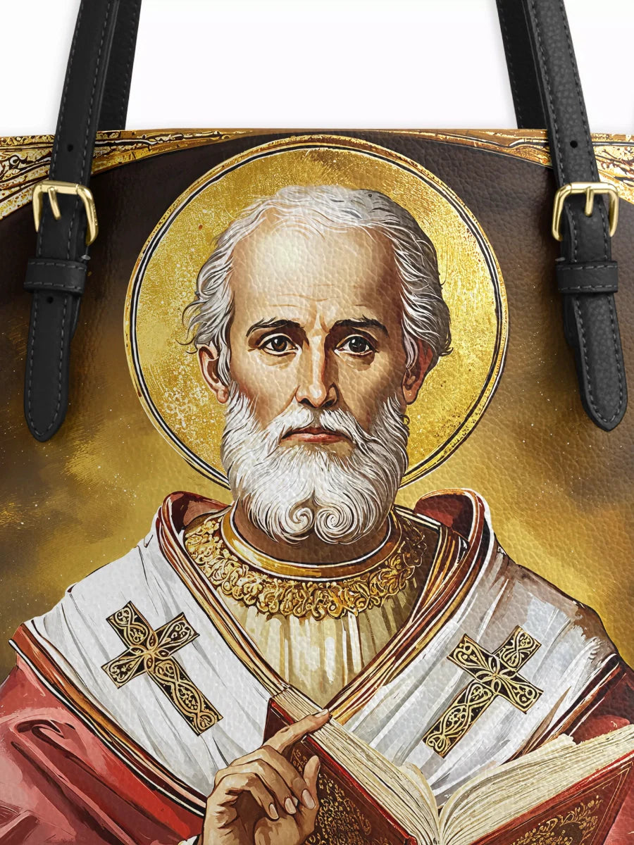 Divina Saint Nicholas The Patron of Generosity Leather Tote Bag