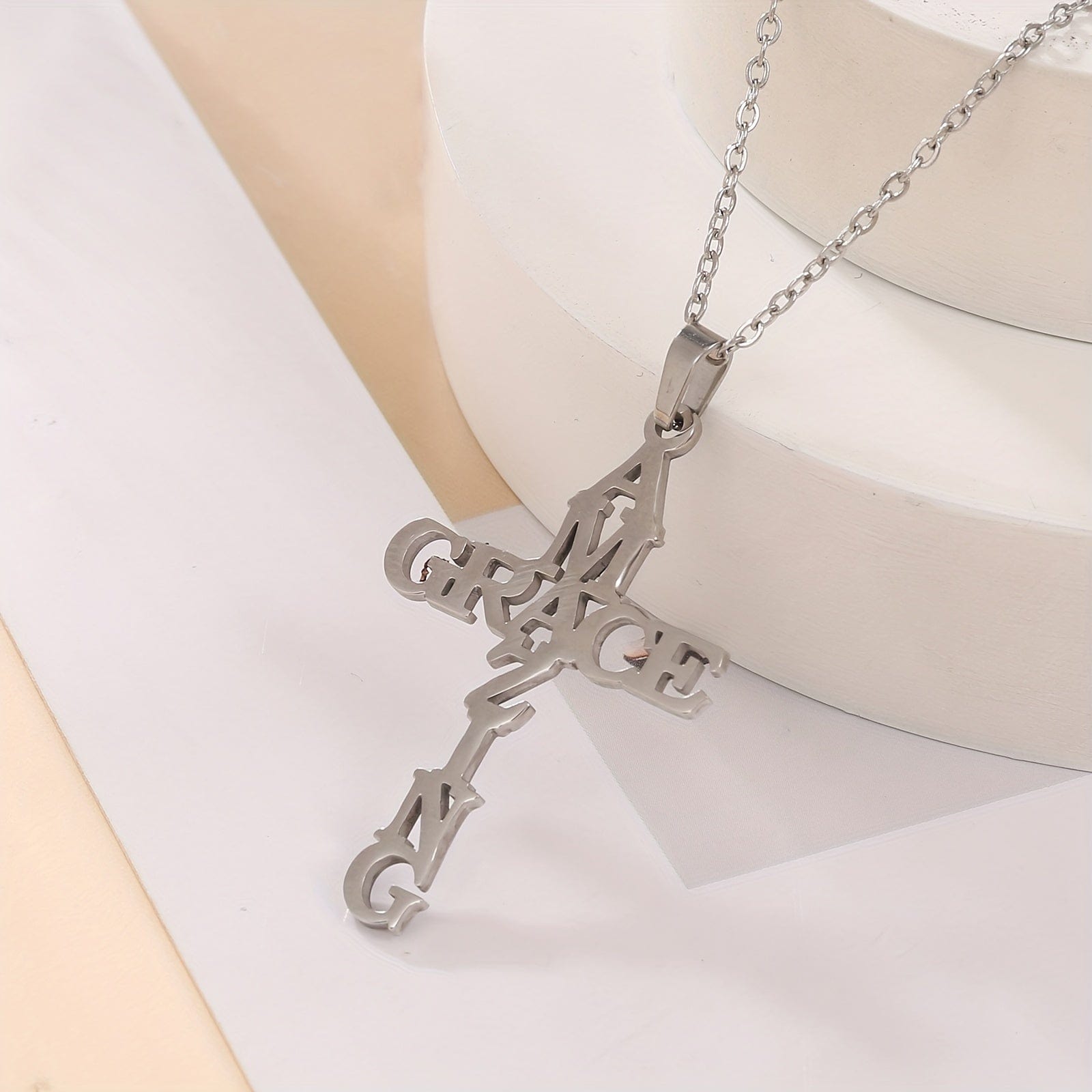 "Amazing Grace" Cross Necklace in Stainless Steel