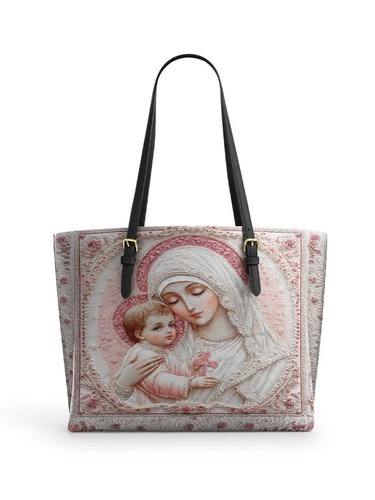 Divina  Sacred Serenity: The Madonna’s Tender Embrace Leather Tote Bag