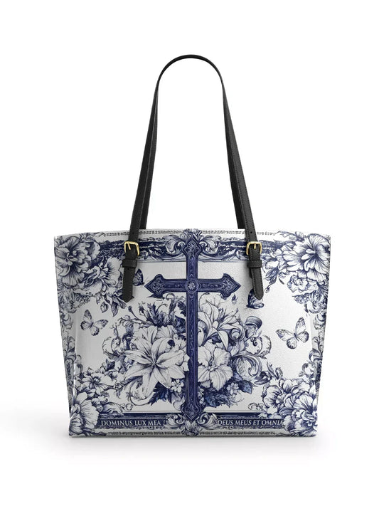 Divina The Cross Amidst Blooming Faith Leather Tote Bag