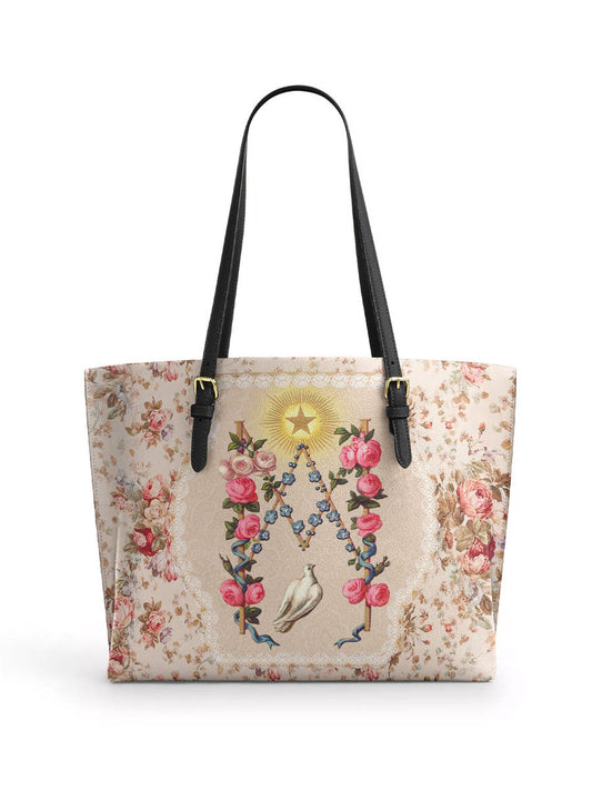Divina Roses of the Rosary Leather Tote Bag