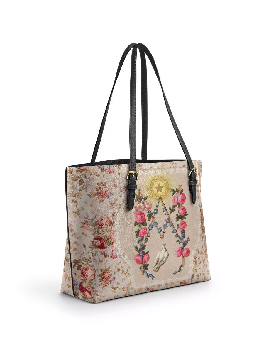 Divina Roses of the Rosary Leather Tote Bag