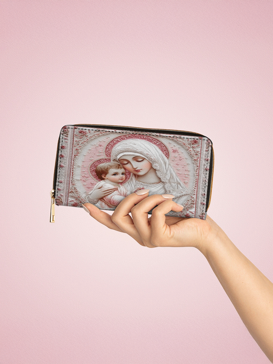 Divina Sacred Serenity: The Madonna’s Tender Embrace - Leather Wallet Purse