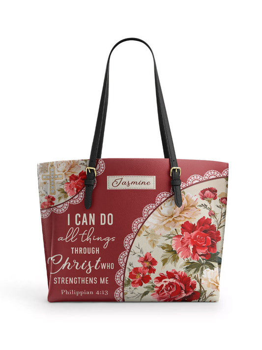 Divina  Blooming With Faith Personalized Leather Tote Bag